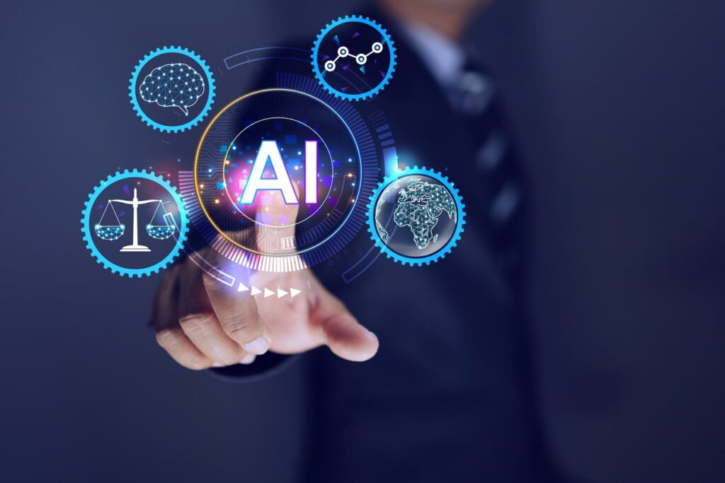 Businessman points finger to command AI to help him