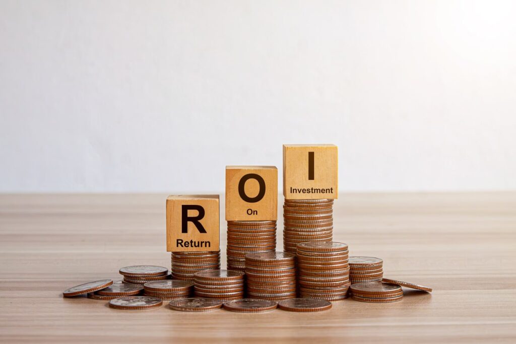 a picture of coins stacked together with ROI letters on it